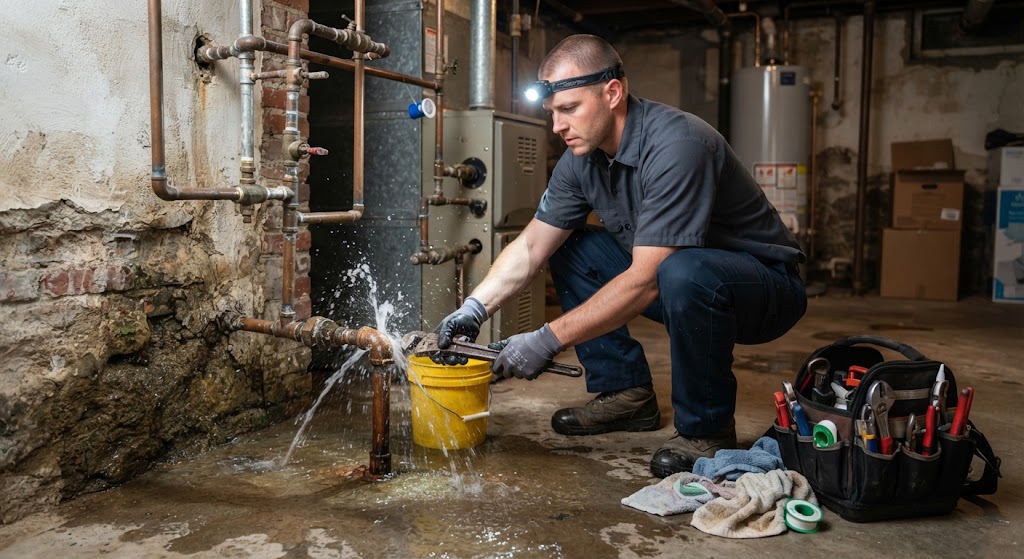 emergency leak repair Orange NJ technician isolating burst water pipe valve